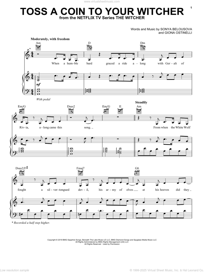 Toss A Coin To Your Witcher (from The Witcher) sheet music for voice, piano or guitar by Joey Batey, Giona Ostinelli and Sonya Belousova, intermediate skill level