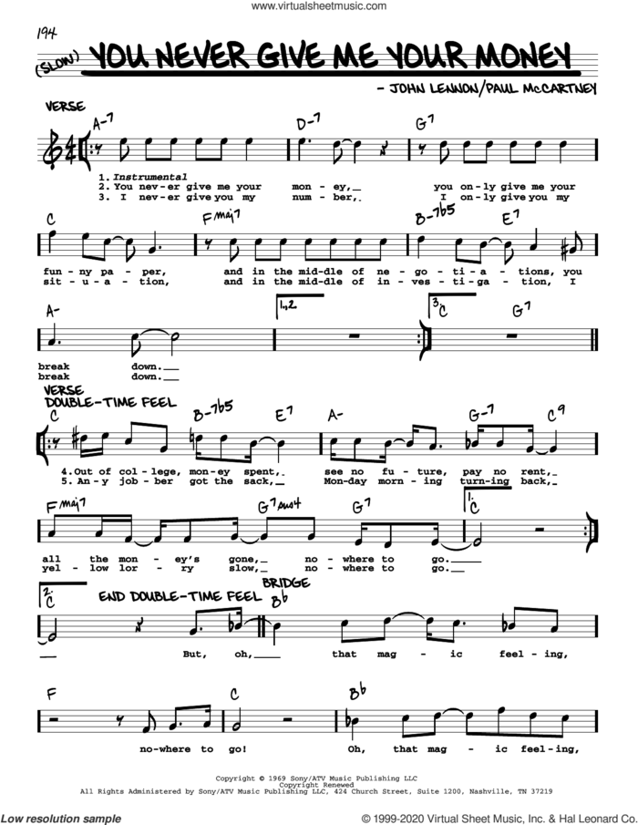 You Never Give Me Your Money [Jazz version] sheet music for voice and other instruments (real book with lyrics) by The Beatles, John Lennon and Paul McCartney, intermediate skill level