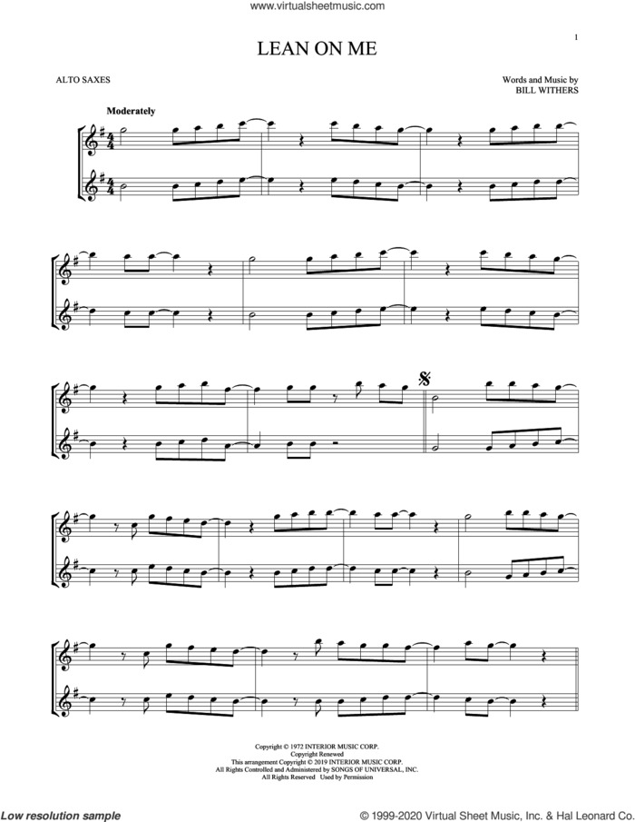Lean On Me sheet music for two alto saxophones (duets) by Bill Withers, intermediate skill level