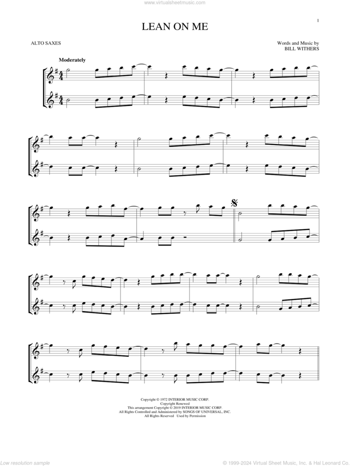 Lean On Me sheet music for two alto saxophones (duets) by Bill Withers, intermediate skill level