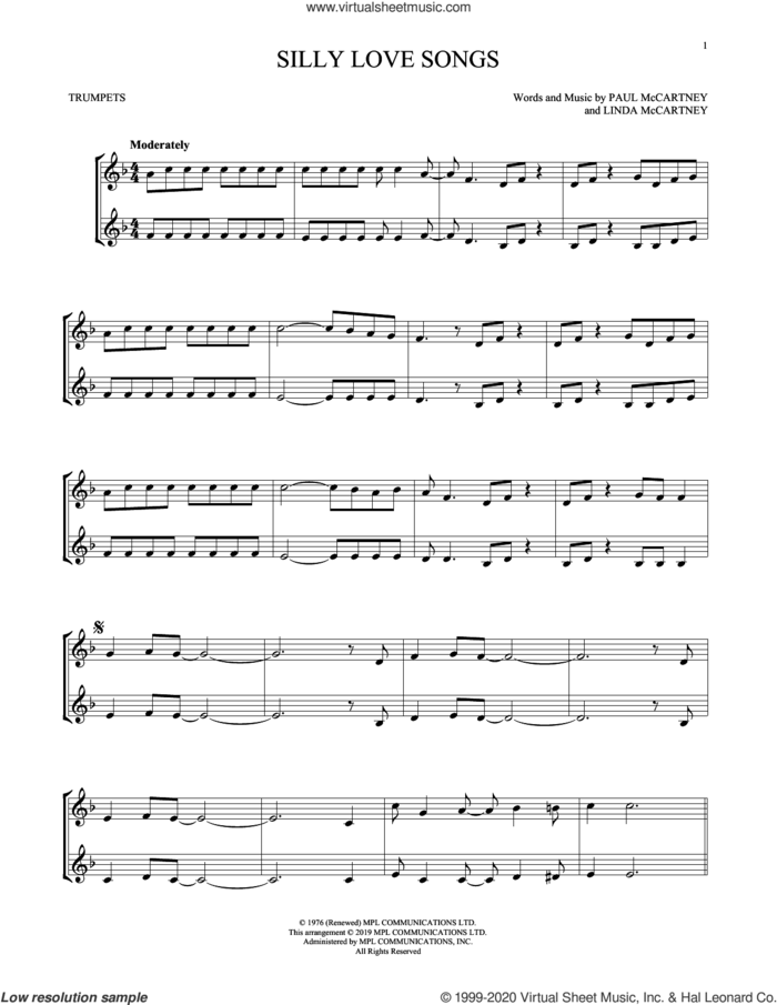 Silly Love Songs sheet music for two trumpets (duet, duets) by Wings, Linda McCartney and Paul McCartney, intermediate skill level