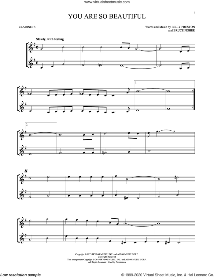 You Are So Beautiful sheet music for two clarinets (duets) by Joe Cocker, Billy Preston and Bruce Fisher, intermediate skill level