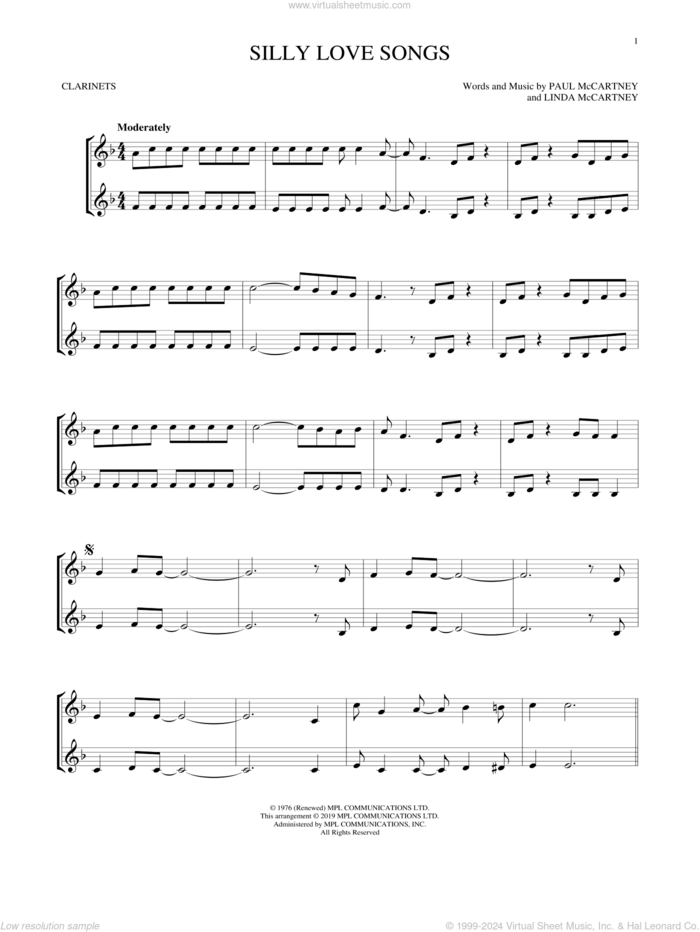 Silly Love Songs sheet music for two clarinets (duets) by Wings, Linda McCartney and Paul McCartney, intermediate skill level