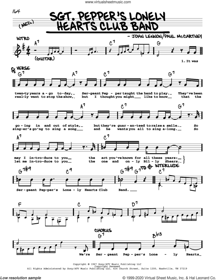 Sgt. Pepper's Lonely Hearts Club Band [Jazz version] sheet music for voice and other instruments (real book with lyrics) by The Beatles, John Lennon and Paul McCartney, intermediate skill level