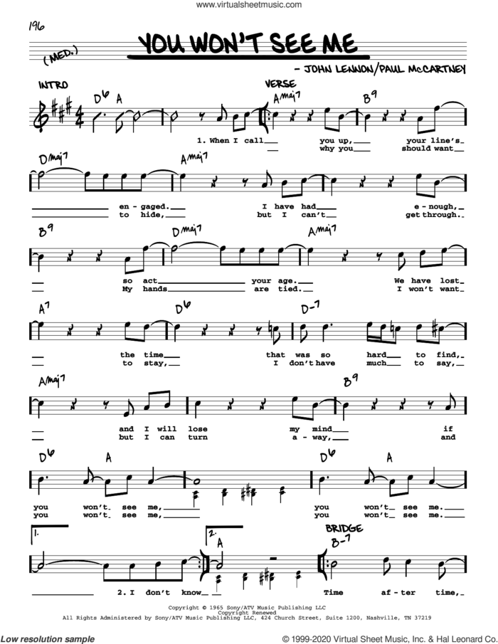 You Won't See Me [Jazz version] sheet music for voice and other instruments (real book with lyrics) by The Beatles, John Lennon and Paul McCartney, intermediate skill level