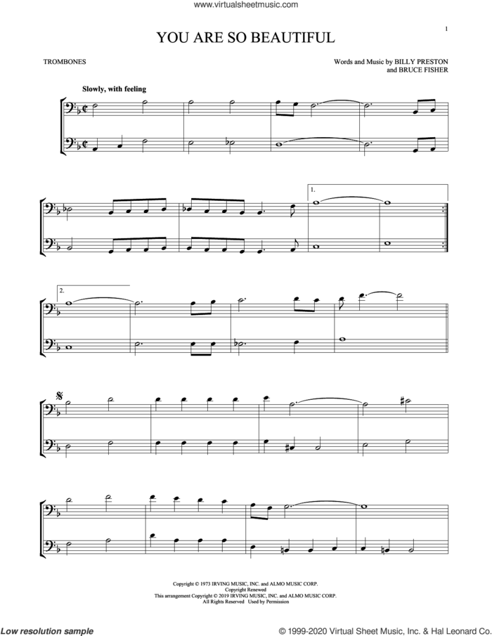 You Are So Beautiful sheet music for two trombones (duet, duets) by Joe Cocker, Billy Preston and Bruce Fisher, intermediate skill level