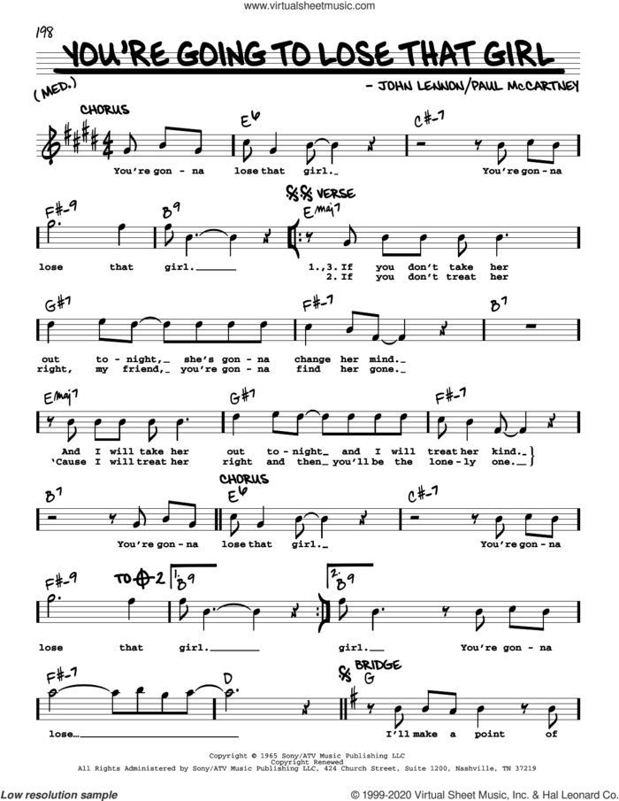 You're Going To Lose That Girl [Jazz version] sheet music for voice and other instruments (real book with lyrics) by The Beatles, John Lennon and Paul McCartney, intermediate skill level