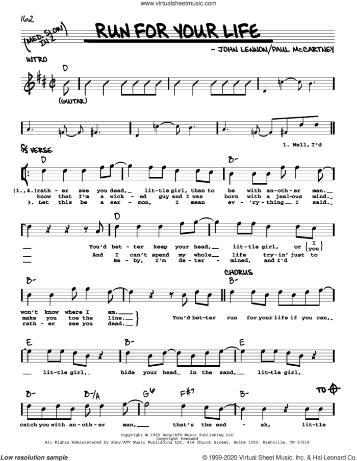 Run For Your Life [Jazz version] sheet music for voice and other instruments (real book with lyrics) by The Beatles, John Lennon and Paul McCartney, intermediate skill level