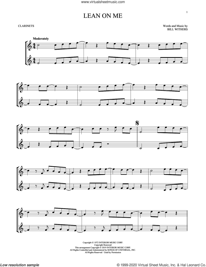 Lean On Me sheet music for two clarinets (duets) by Bill Withers, intermediate skill level