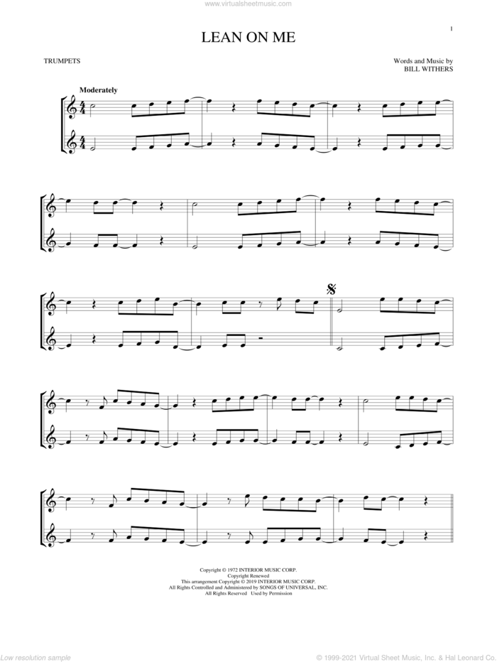 Lean On Me sheet music for two trumpets (duet, duets) by Bill Withers, intermediate skill level