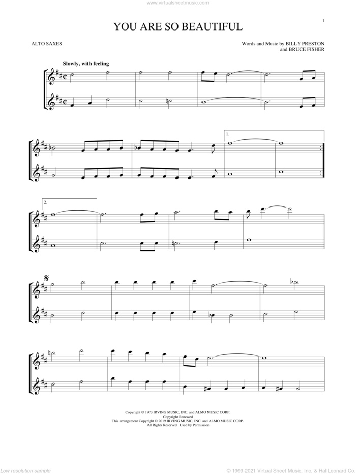 You Are So Beautiful sheet music for two alto saxophones (duets) by Joe Cocker, Billy Preston and Bruce Fisher, intermediate skill level