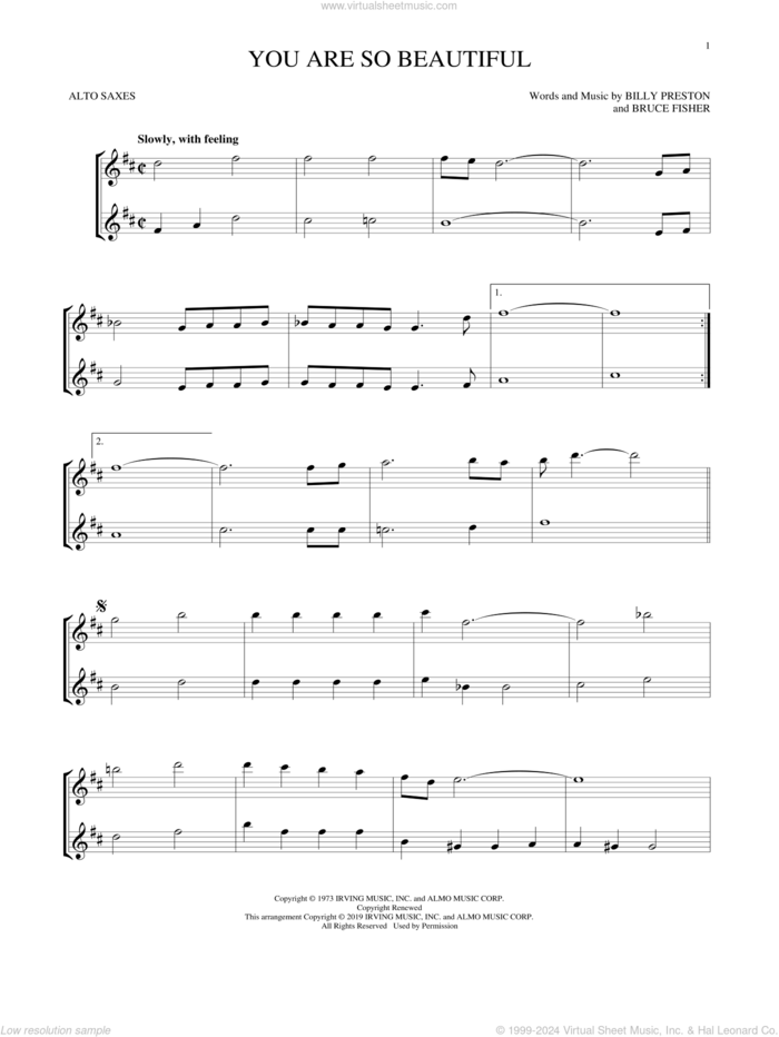 You Are So Beautiful sheet music for two alto saxophones (duets) by Joe Cocker, Billy Preston and Bruce Fisher, intermediate skill level