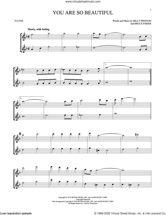 You Are So Beautiful sheet music for two flutes (duets) by Joe Cocker, Billy Preston and Bruce Fisher, intermediate skill level