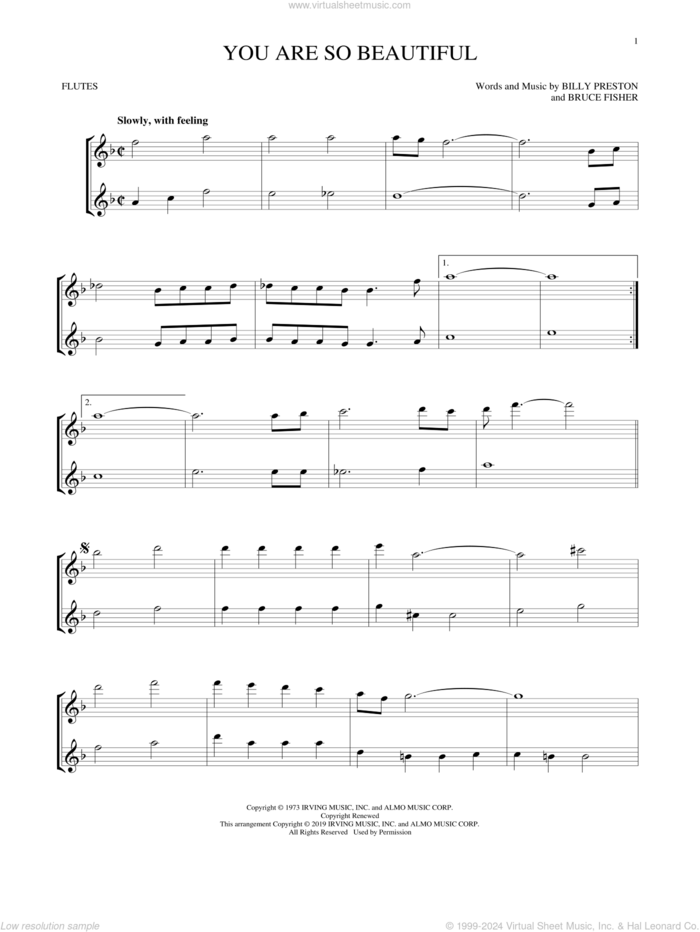 You Are So Beautiful sheet music for two flutes (duets) by Joe Cocker, Billy Preston and Bruce Fisher, intermediate skill level