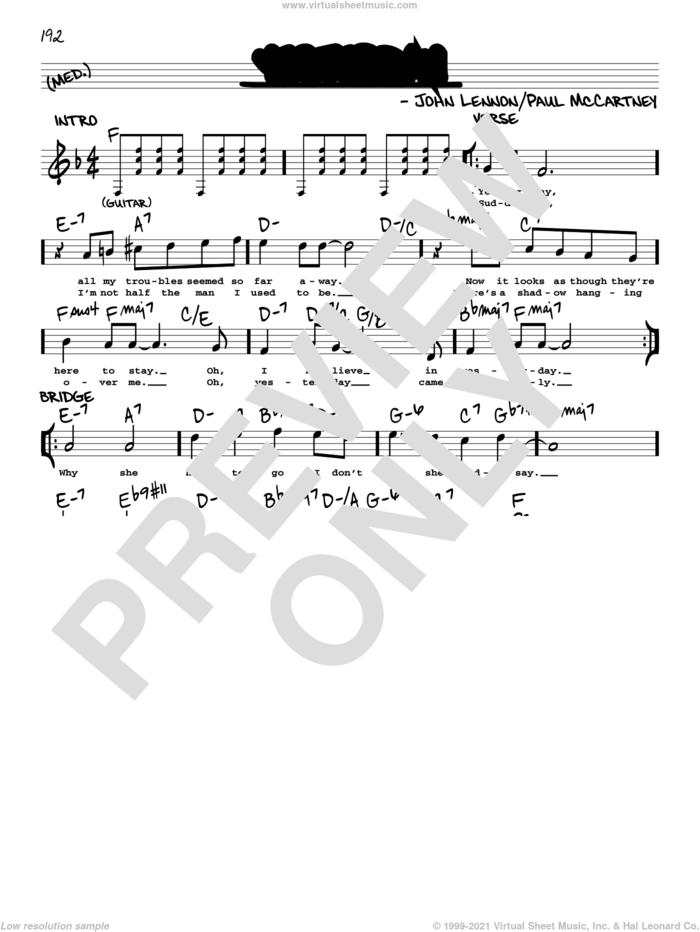 Yesterday [Jazz version] sheet music for voice and other instruments (real book with lyrics) by The Beatles, John Lennon and Paul McCartney, intermediate skill level