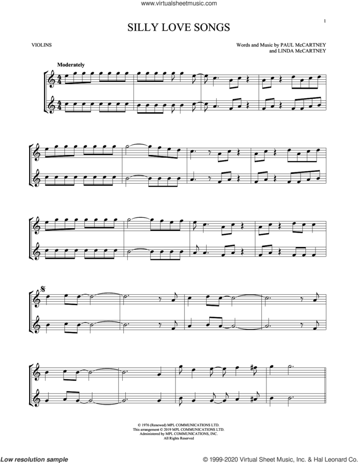Silly Love Songs sheet music for two violins (duets, violin duets) by Wings, Linda McCartney and Paul McCartney, intermediate skill level