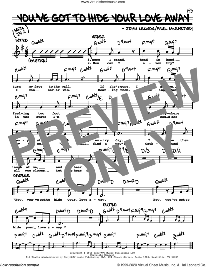 You've Got To Hide Your Love Away [Jazz version] sheet music for voice and other instruments (real book with lyrics) by The Beatles, John Lennon and Paul McCartney, intermediate skill level
