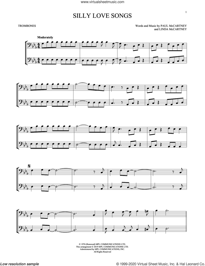 Silly Love Songs sheet music for two trombones (duet, duets) by Wings, Linda McCartney and Paul McCartney, intermediate skill level
