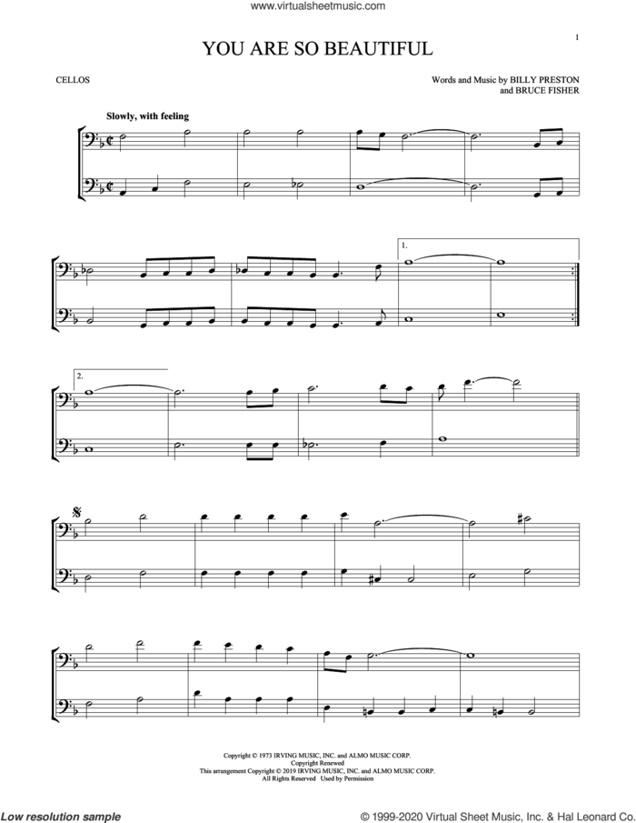 You Are So Beautiful sheet music for two cellos (duet, duets) by Joe Cocker, Billy Preston and Bruce Fisher, intermediate skill level