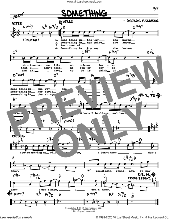 Something [Jazz version] sheet music for voice and other instruments (real book with lyrics) by The Beatles and George Harrison, intermediate skill level