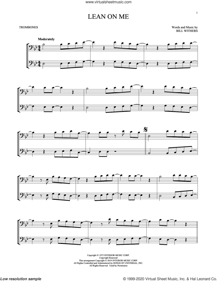 Lean On Me sheet music for two trombones (duet, duets) by Bill Withers, intermediate skill level