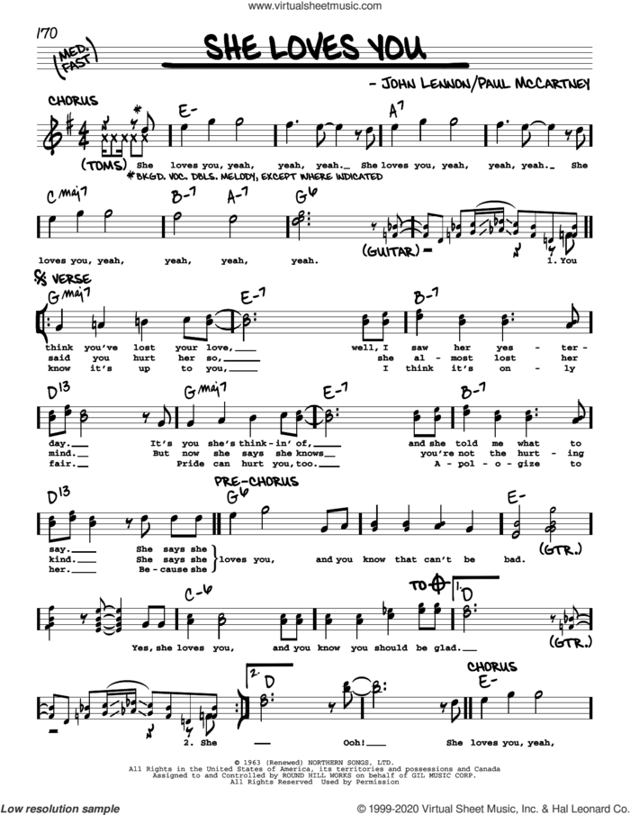 She Loves You [Jazz version] sheet music for voice and other instruments (real book with lyrics) by The Beatles, John Lennon and Paul McCartney, intermediate skill level
