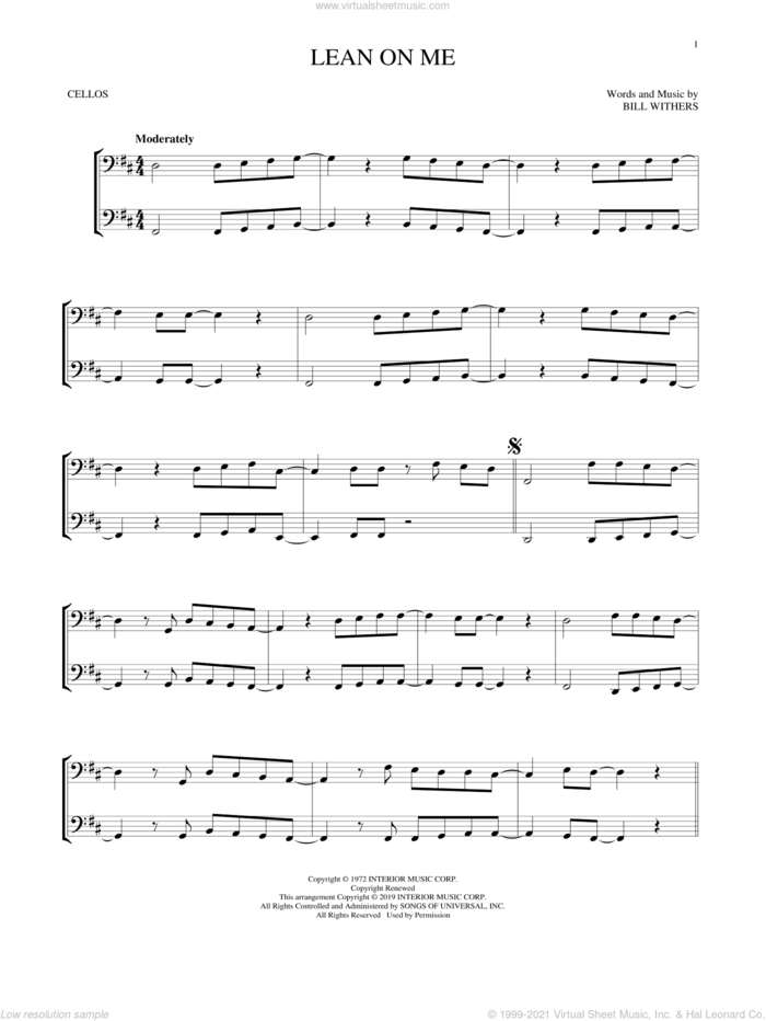 Lean On Me sheet music for two cellos (duet, duets) by Bill Withers, intermediate skill level