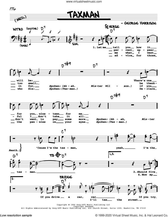 Taxman [Jazz version] sheet music for voice and other instruments (real book with lyrics) by The Beatles and George Harrison, intermediate skill level