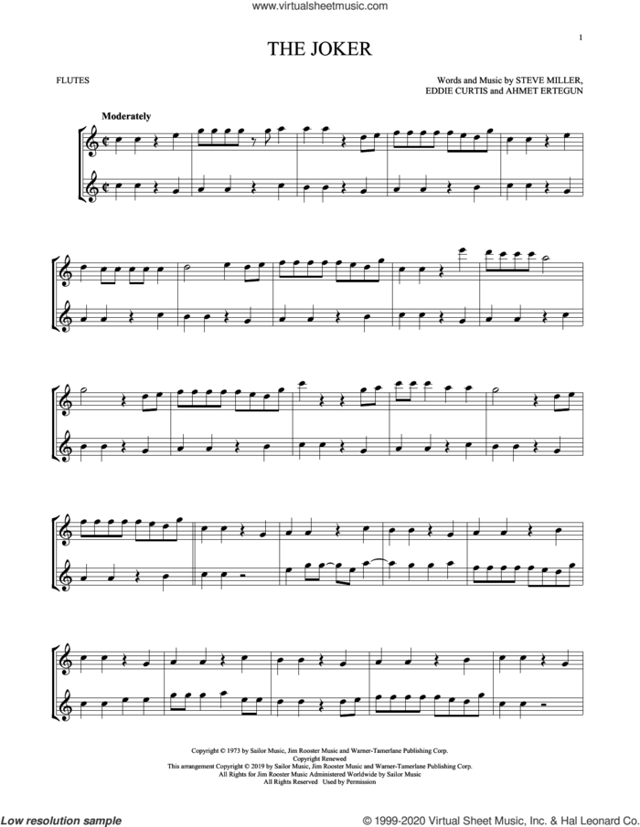 The Joker sheet music for two flutes (duets) by Steve Miller Band, Ahmet Ertegun, Eddie Curtis and Steve Miller, intermediate skill level