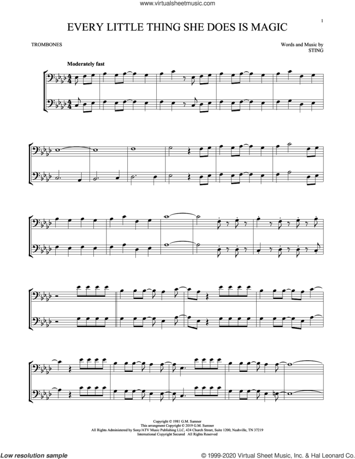 Every Little Thing She Does Is Magic sheet music for two trombones (duet, duets) by The Police and Sting, intermediate skill level