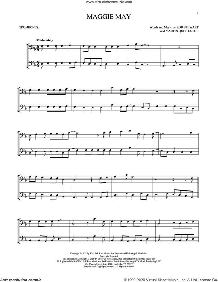 Maggie May sheet music for two trombones (duet, duets) by Rod Stewart and Martin Quittenton, intermediate skill level