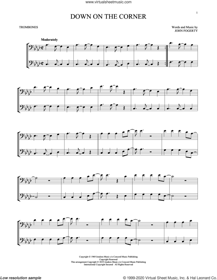 Down On The Corner sheet music for two trombones (duet, duets) by Creedence Clearwater Revival and John Fogerty, intermediate skill level