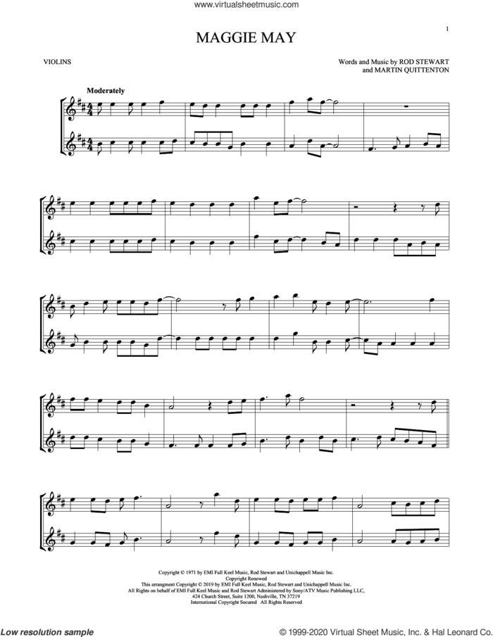 Maggie May sheet music for two violins (duets, violin duets) by Rod Stewart and Martin Quittenton, intermediate skill level