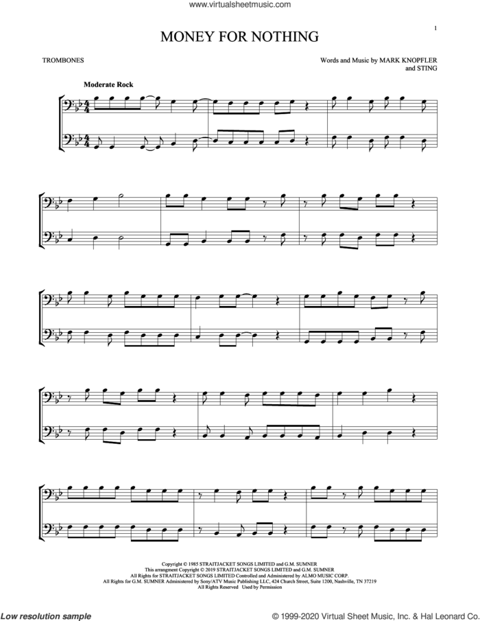 Money For Nothing sheet music for two trombones (duet, duets) by Dire Straits, Mark Knopfler and Sting, intermediate skill level