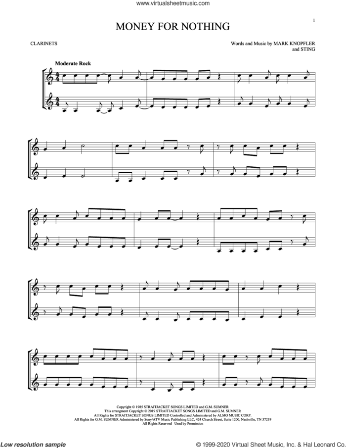 Money For Nothing sheet music for two clarinets (duets) by Dire Straits, Mark Knopfler and Sting, intermediate skill level