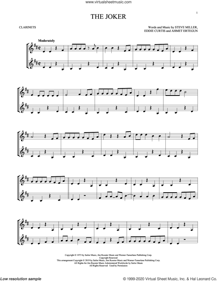 The Joker sheet music for two clarinets (duets) by Steve Miller Band, Ahmet Ertegun, Eddie Curtis and Steve Miller, intermediate skill level