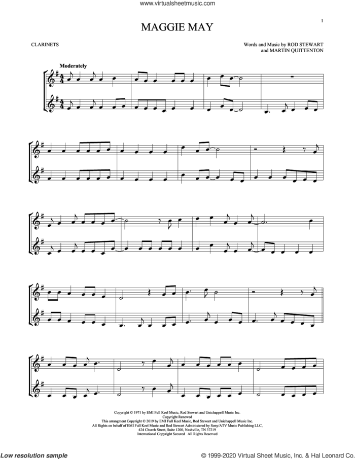 Maggie May sheet music for two clarinets (duets) by Rod Stewart and Martin Quittenton, intermediate skill level