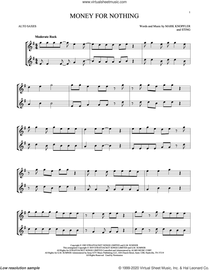 Money For Nothing sheet music for two alto saxophones (duets) by Dire Straits, Mark Knopfler and Sting, intermediate skill level