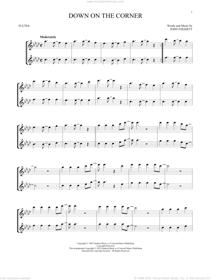 Down On The Corner sheet music for two flutes (duets) by Creedence Clearwater Revival and John Fogerty, intermediate skill level