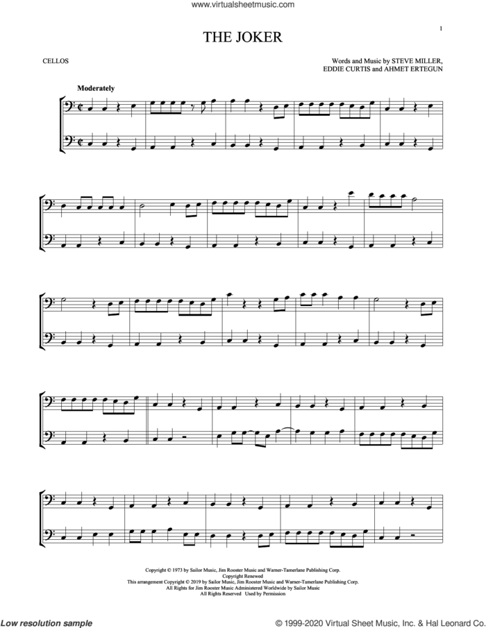 The Joker sheet music for two cellos (duet, duets) by Steve Miller Band, Ahmet Ertegun, Eddie Curtis and Steve Miller, intermediate skill level