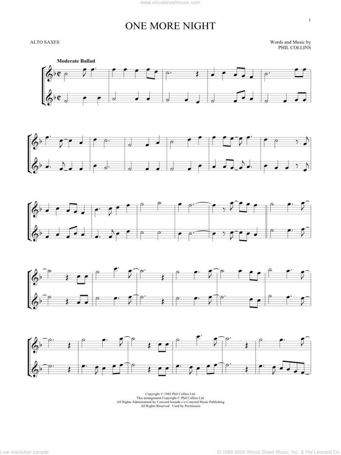 One More Night sheet music for two alto saxophones (duets) by Phil Collins, intermediate skill level