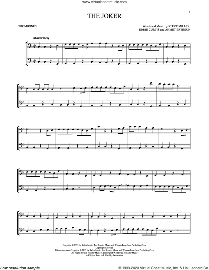 The Joker sheet music for two trombones (duet, duets) by Steve Miller Band, Ahmet Ertegun, Eddie Curtis and Steve Miller, intermediate skill level