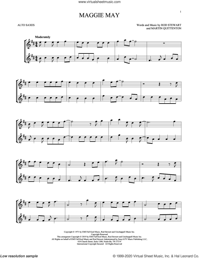 Maggie May sheet music for two alto saxophones (duets) by Rod Stewart and Martin Quittenton, intermediate skill level