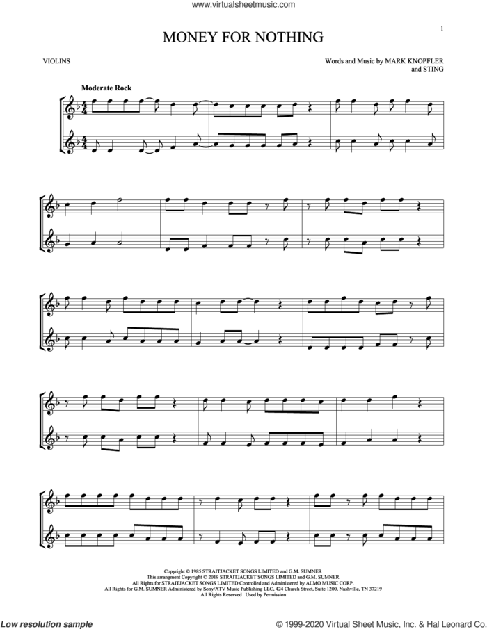 Money For Nothing sheet music for two violins (duets, violin duets) by Dire Straits, Mark Knopfler and Sting, intermediate skill level