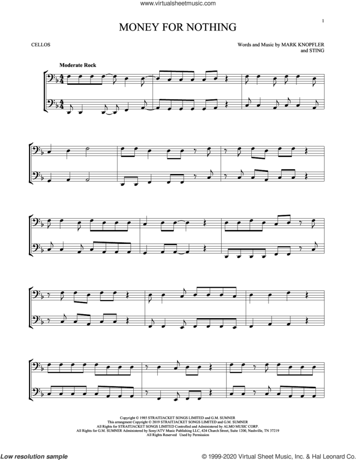 Money For Nothing sheet music for two cellos (duet, duets) by Dire Straits, Mark Knopfler and Sting, intermediate skill level