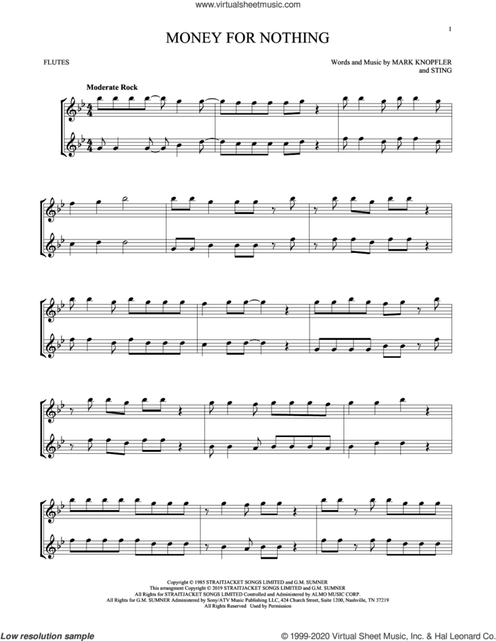 Money For Nothing sheet music for two flutes (duets) by Dire Straits, Mark Knopfler and Sting, intermediate skill level