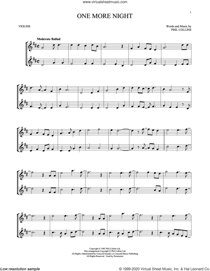 One More Night sheet music for two violins (duets, violin duets) by Phil Collins, intermediate skill level