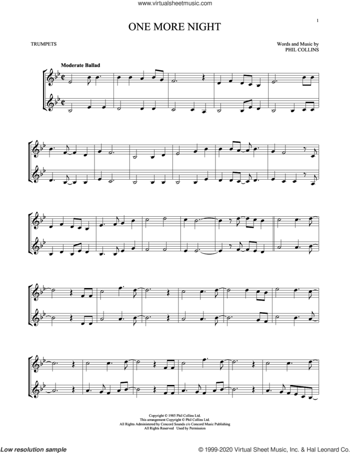 One More Night sheet music for two trumpets (duet, duets) by Phil Collins, intermediate skill level