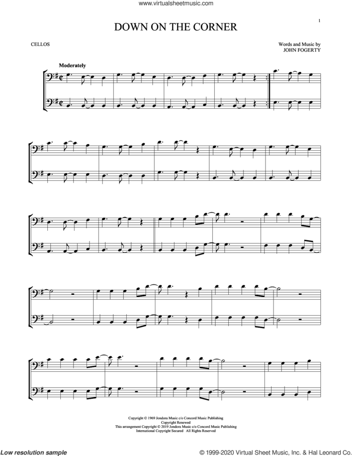 Down On The Corner sheet music for two cellos (duet, duets) by Creedence Clearwater Revival and John Fogerty, intermediate skill level