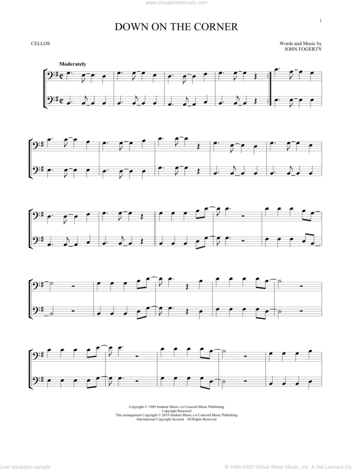 Down On The Corner sheet music for two cellos (duet, duets) by Creedence Clearwater Revival and John Fogerty, intermediate skill level